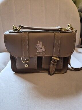 Grafea Leather Taupe Satchel with French Bulldog Emblem and Gold Hardware